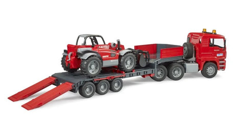 Bruder MAN TGA low loader truck with Manitou telehandler and rear loading ramps lowered