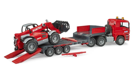Bruder MAN TGA low loader truck with Manitou telehandler on the lowered loading ramps