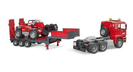 Bruder MAN TGA truck with detached low loader trailer and Manitou telehandler