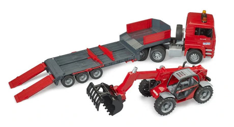 Bruder MAN TGA low loader truck, trailer and Manitou telehandler shown separately