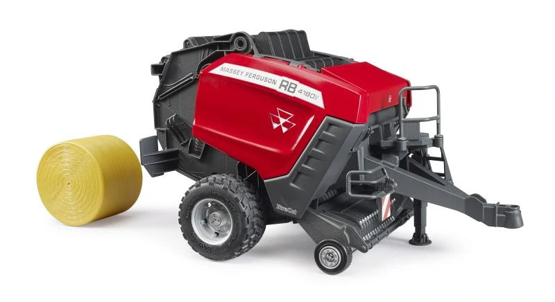 Bruder Massey Ferguson RB 4180V round baler with yellow round bale beside the rear
