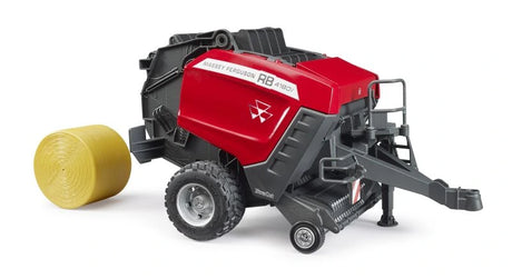 Bruder Massey Ferguson RB 4180V round baler with yellow round bale beside the rear