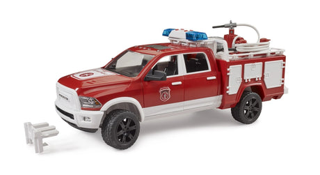Bruder 1:16 RAM 2500 fire engine truck shown from the front side with a white front accessory beside it