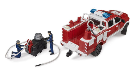 Bruder 1:16 RAM 2500 fire engine truck with open rear bed, pump unit, hose and two firefighter figures