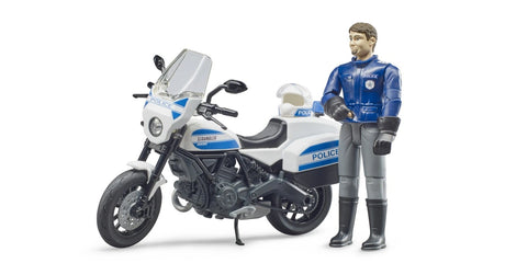 Bruder bworld Scrambler Ducati police motorcycle 62731 beside a police officer figure wearing a blue jacket, grey trousers, black gloves and boots