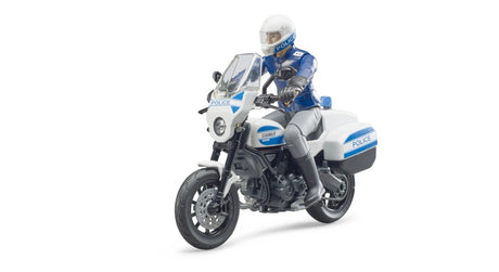Bruder Scrambler Ducati police motorcycle 62731 showing the front wheel, clear windscreen, blue police markings and officer wearing a white motorcycle helmet