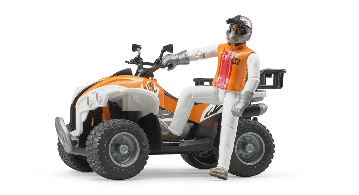 Side view of Bruder bworld Quad with Driver 63000 showing the helmeted rider seated on the orange and white quad with one leg extended, silver wheels and rear luggage rack
