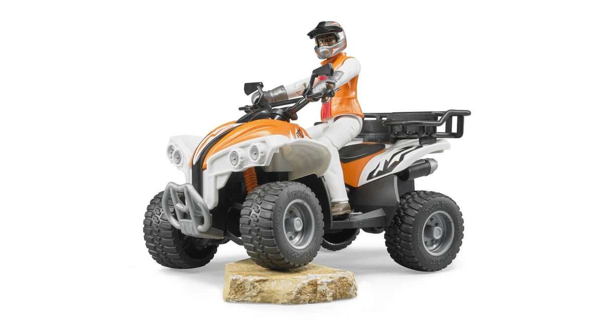 Bruder bworld Quad with Driver 63000 showing a helmeted rider steering the orange and white quad with one front wheel raised on a rock