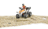 Bruder bworld Quad with Driver 63000 travelling over a rocky gravel surface with a helmeted rider, orange and white bodywork and black tread tyres