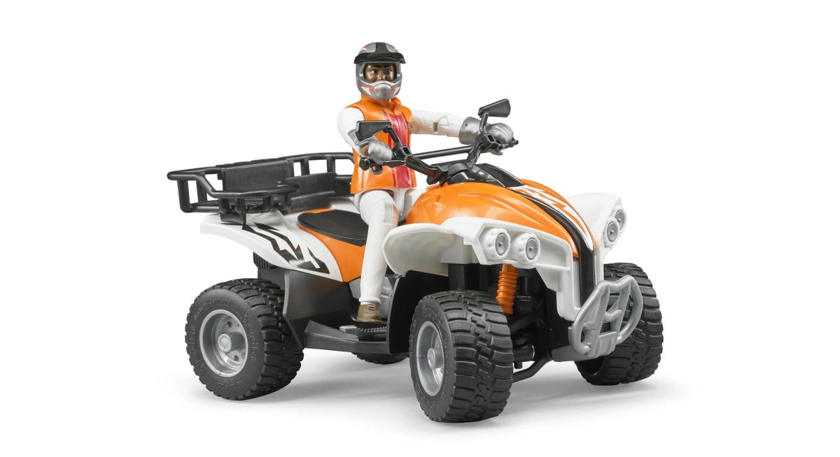 Bruder bworld Quad with Driver 63000 showing a helmeted rider on the orange and white quad bike with chunky tyres, front bumper and black rear luggage rack