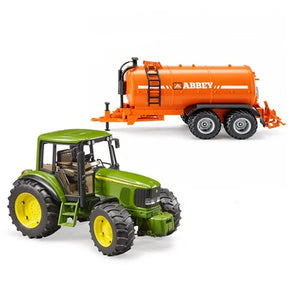 Bruder John Deere 6920 tractor shown from the front and side with open cab, large treaded tyres and separate orange Abbey slurry tanker with side ladder.
