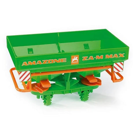 A close view of a green Amazone ZA-M Max toy fertiliser spreader with orange spreading discs.
