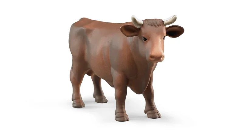 A brown Bruder bull figure with a lighter muzzle and curved horns standing on a plain white background.