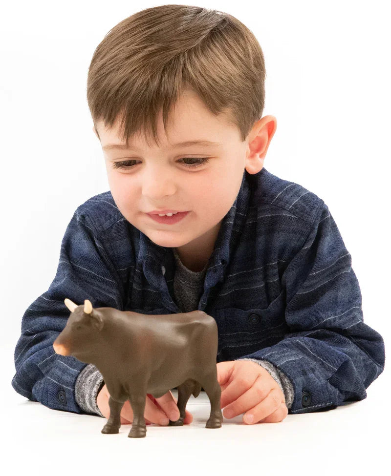 A brown Bruder bull figure held by a boy who is looking toward it on a plain white background.