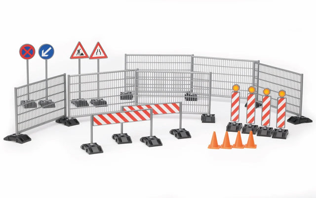 Bruder bWorld construction accessories with fences, warning signs, pylons and barriers arranged on a white background