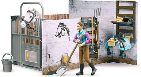 Rider figure cleaning the stable area while the white horse stands in the stall with accessories nearby