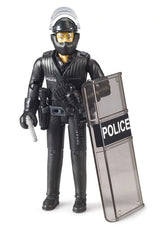 Bruder bworld 1:16 Special Forces Police Officer standing with helmet visor raised, transparent riot shield and silver toy pistol.