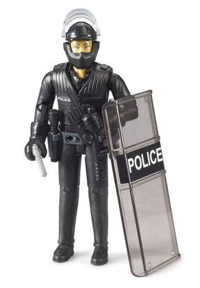 Bruder bworld 1:16 Special Forces Police Officer standing with helmet visor raised, transparent riot shield and silver toy pistol.