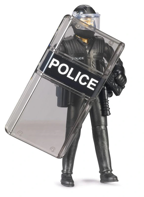 Bruder bworld Special Forces Police Officer 62151 holding a large transparent POLICE riot shield diagonally across the body, with protective helmet and visor.