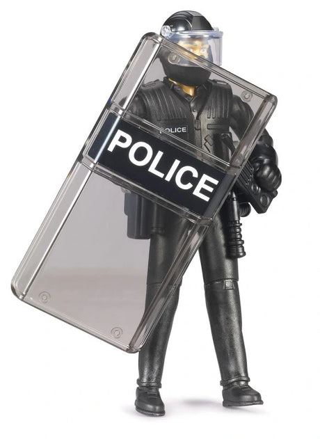 Bruder bworld Special Forces Police Officer 62151 holding a large transparent POLICE riot shield diagonally across the body, with protective helmet and visor.