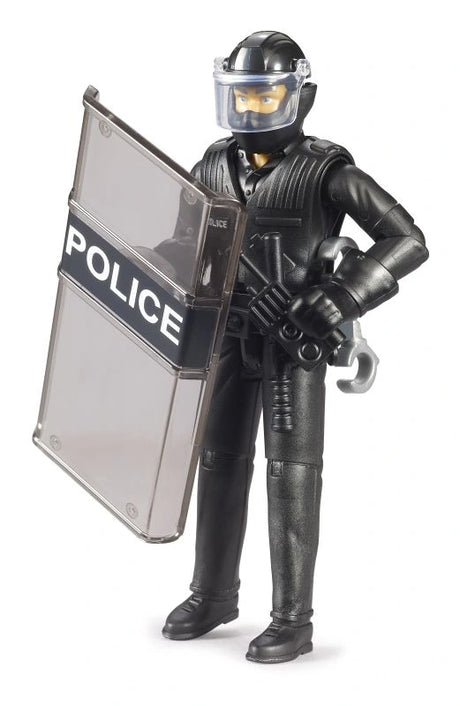 Bruder bworld 1:16 Special Forces Police Officer in black tactical uniform with protective helmet, transparent POLICE riot shield and equipment belt.