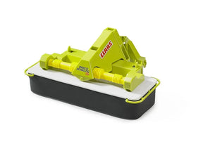 Close-up of Bruder Claas Disco 3050 FC Plus toy mower showing realistic front detail and printed Claas branding