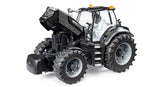 Bruder 1:16 Deutz-Fahr 8280 TTV Warrior black tractor with opening bonnet raised, showing detailed engine bay, dual front and rear tyres and clear glazed cab