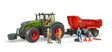 Bruder Fendt 1050 Vario beside a red Krampe tipping trailer with four figures, toolbox, axle stands and trolley jack