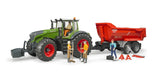 Bruder Fendt 1050 Vario beside a red Krampe tipping trailer with four figures, toolbox, axle stands and trolley jack