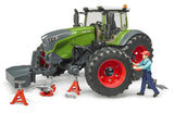 Bruder Fendt 1050 Vario raised on red axle stands with removed front wheel, mechanic figure, jack and loose tools