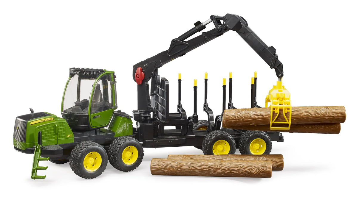 Bruder John Deere 1210E forwarder vehicle with rotating cab, extended crane and four brown tree trunks shown grabbed and also beside the transporter