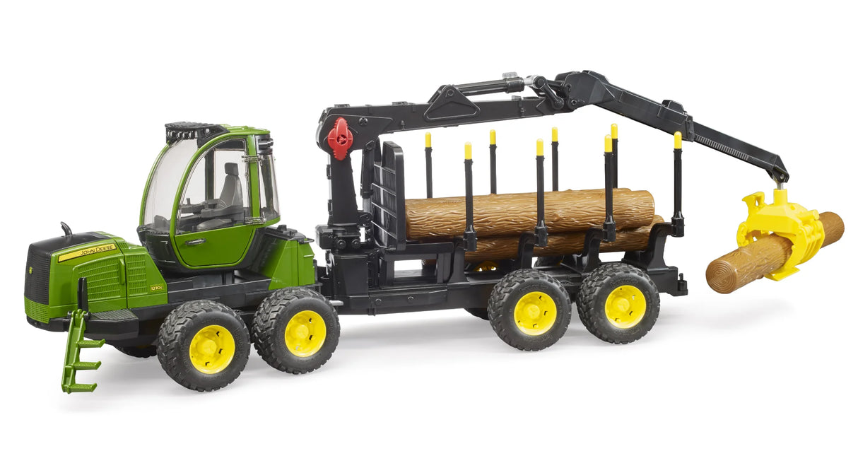 Bruder John Deere 1210E forwarder toy in green and black with yellow wheels, loading crane and tree trunks on the rear platform
