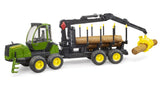Bruder John Deere 1210E forwarder toy in green and black with yellow wheels, loading crane and tree trunks on the rear platform