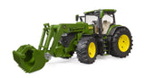 Green John Deere 7R 350 farm toy tractor with front loader bucket lowered and yellow wheels