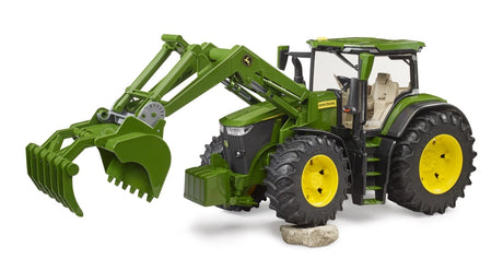 Green John Deere 7R 350 farm toy tractor with front loader grab bucket and tread tyres