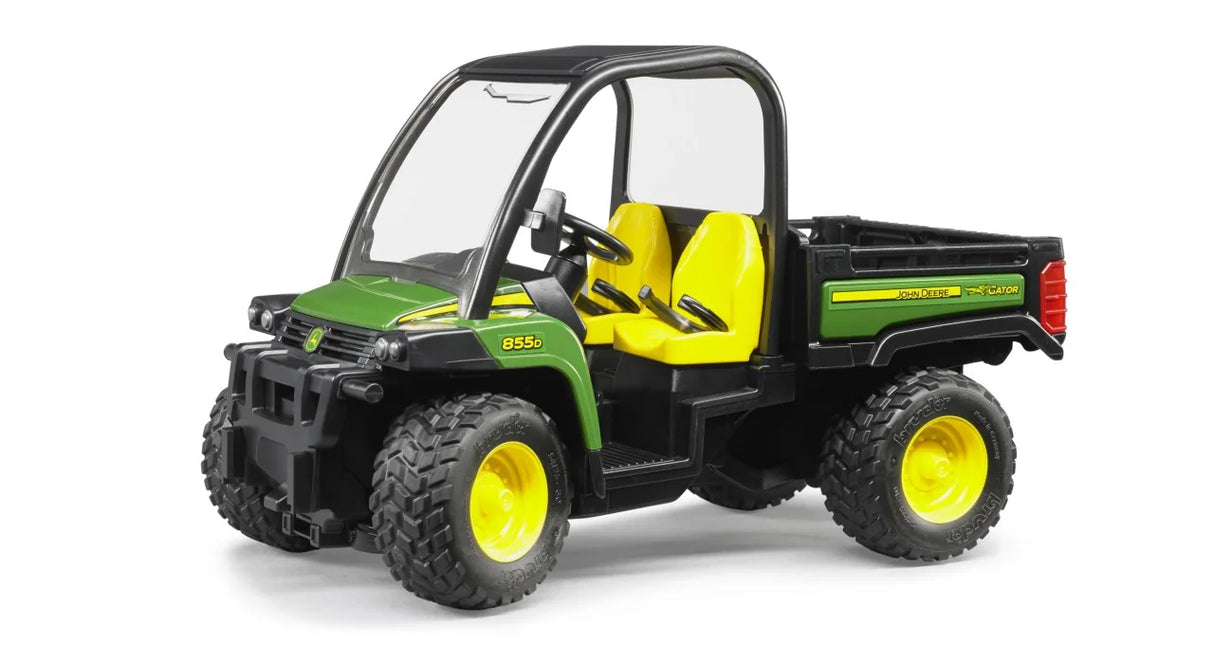 Bruder John Deere Gator 855D utility vehicle in green and yellow with open cab, steering wheel, seats and chunky tyres