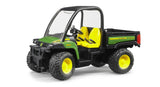 Bruder John Deere Gator 855D utility vehicle in green and yellow with open cab, steering wheel, seats and chunky tyres