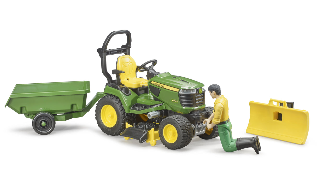 Bruder 1:16 John Deere X949 lawn tractor farm toy with trailer, figure and separated front plough blade
