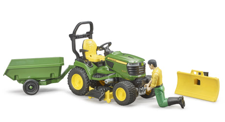 Bruder 1:16 John Deere X949 lawn tractor farm toy with trailer, figure and separated front plough blade