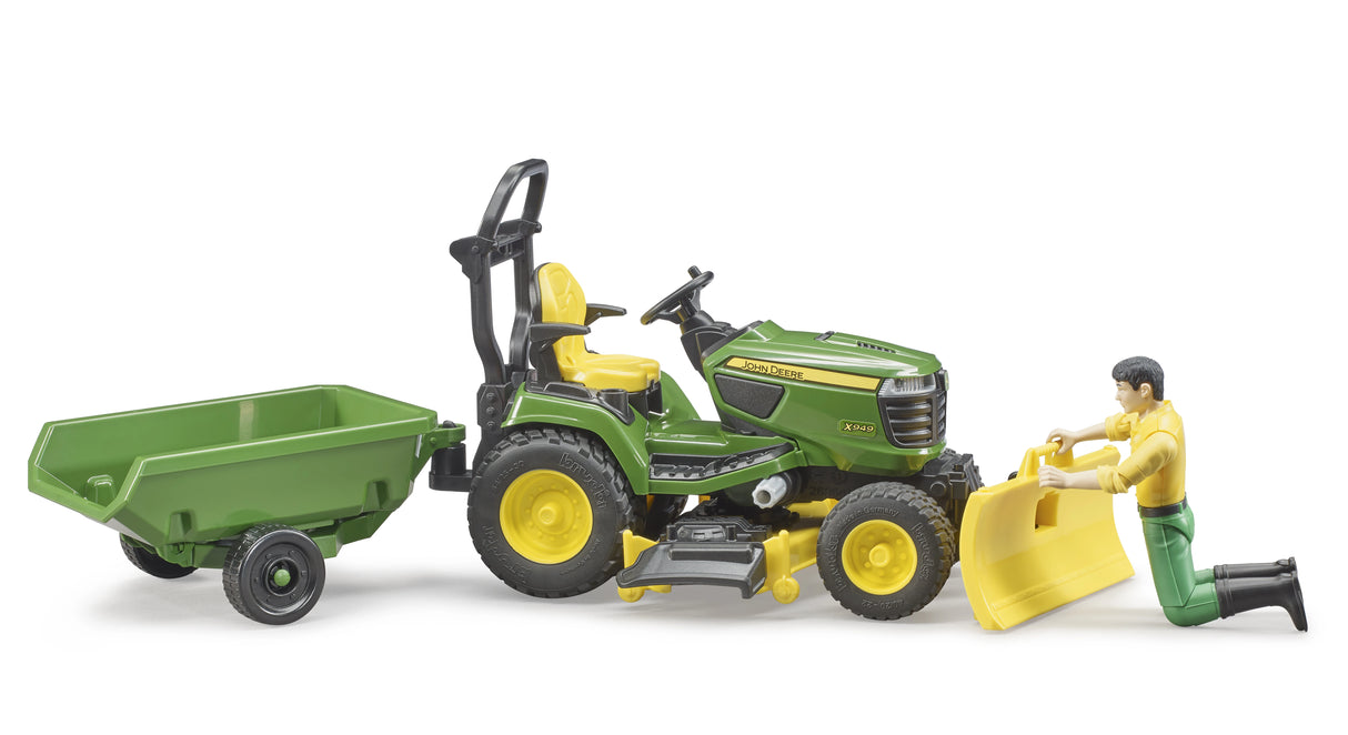 Bruder 1:16 John Deere X949 lawn tractor farm toy with trailer, front blade and figure