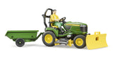 Bruder 1:16 John Deere X949 lawn tractor farm toy with figure, trailer and front plough blade attached