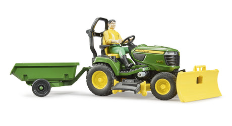 Bruder 1:16 John Deere X949 lawn tractor farm toy with figure, trailer and front plough blade attached