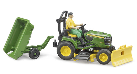 Bruder 1:16 John Deere X949 lawn tractor farm toy with figure, raised tipping trailer and front blade