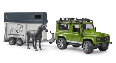 Bruder 1:16 Land Rover Defender farm toy vehicle set with horse trailer and horse