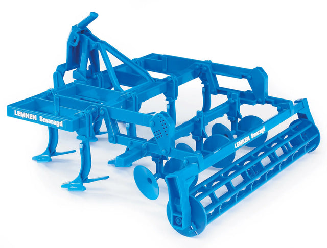 Blue Lemken Smaragd disc cultivator toy in close up, with LEMKEN Smaragd branding on the side, rows of round discs underneath and a ribbed rear roller