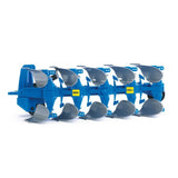 A detailed blue Lemken toy plough showing its full row of grey mouldboards from a side angle.