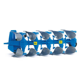 A close view of a blue Lemken toy plough with multiple grey mouldboards arranged along its frame.