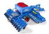 A close view of a blue Lemken Solitair 9 toy seeding machine with multiple sowing arms and a red topped hopper.