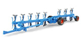 A blue and silver Bruder Lemken Vari-Titan plough toy with multiple blade sections on a plain white background.