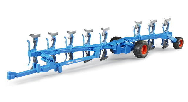 A blue and silver Bruder Lemken Vari-Titan plough toy with multiple blade sections on a plain white background.